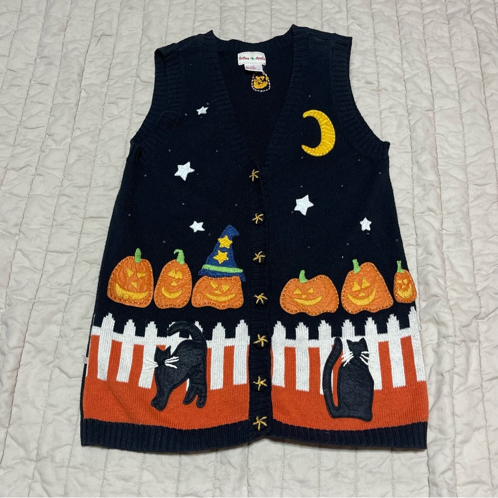 Vintage! Toffee Apple Size Small Halloween Pumpkins Cats Witch Hat Sweater Vest